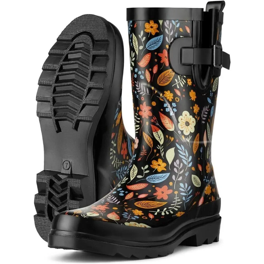 Women's Fashionable Waterproof Garden Mud Rubber Rain Flower Leaves Black Boots - Picture 8 of 8